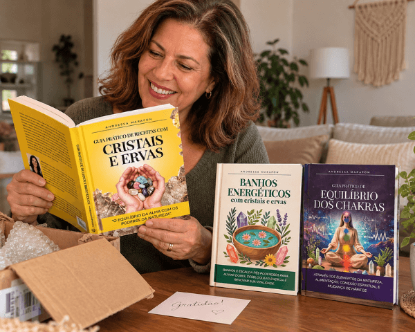 Leitora folheando o Guia Prático de Receitas com Cristais e Ervas ao lado dos outros dois livros
